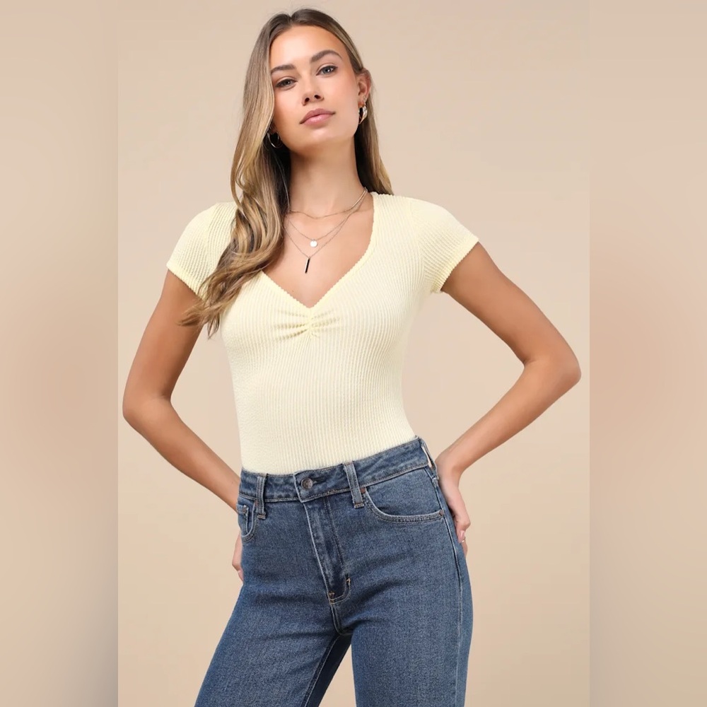 Lulus Textured Ribbed Ruched Bodysuit - Banana - Picture 5 of 7